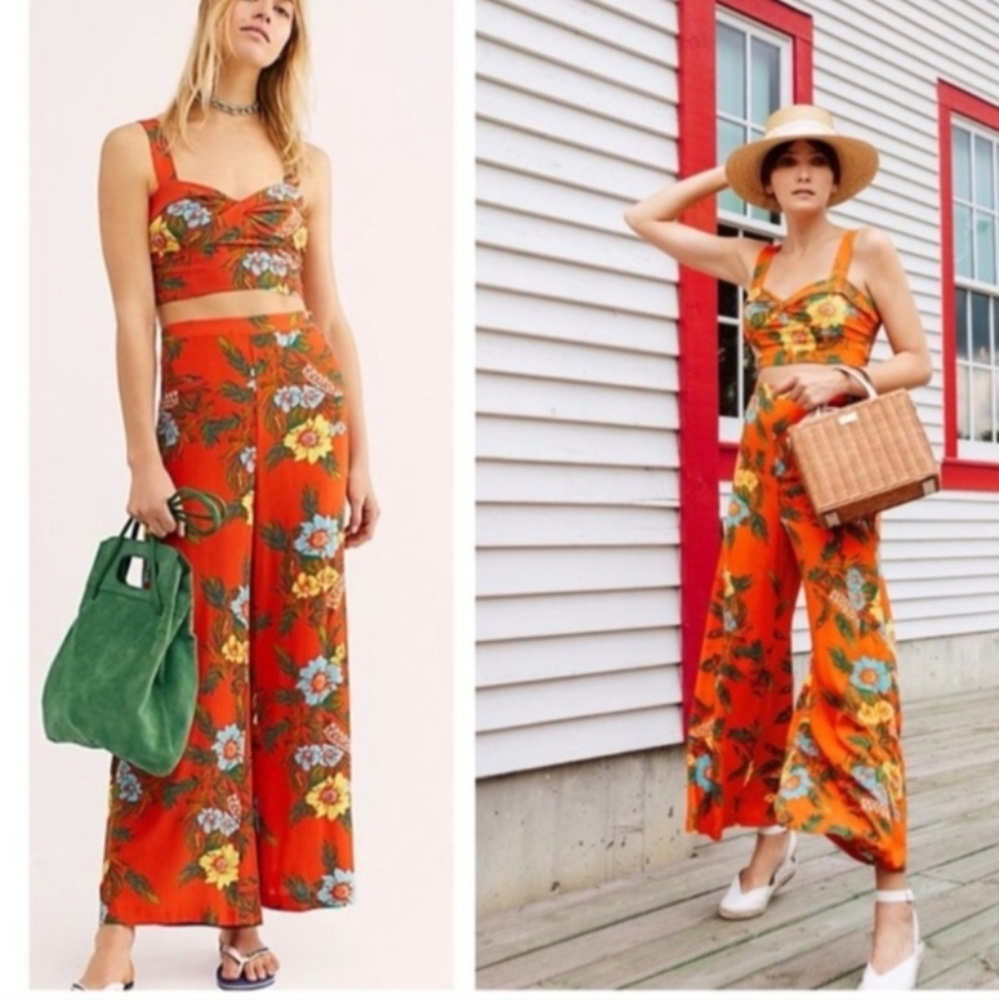 Free People Birds of Paradise Orange Floral Two Piece Set Crop Top and Pants Xs